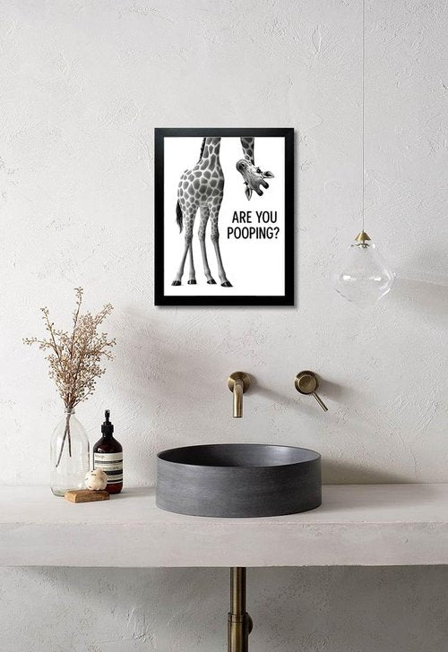Funny Giraffe Bathroom Wall Art - 'Are You Pooping?' 8x10" Black & White Framed Print | Quirky Toilet Humor Décor