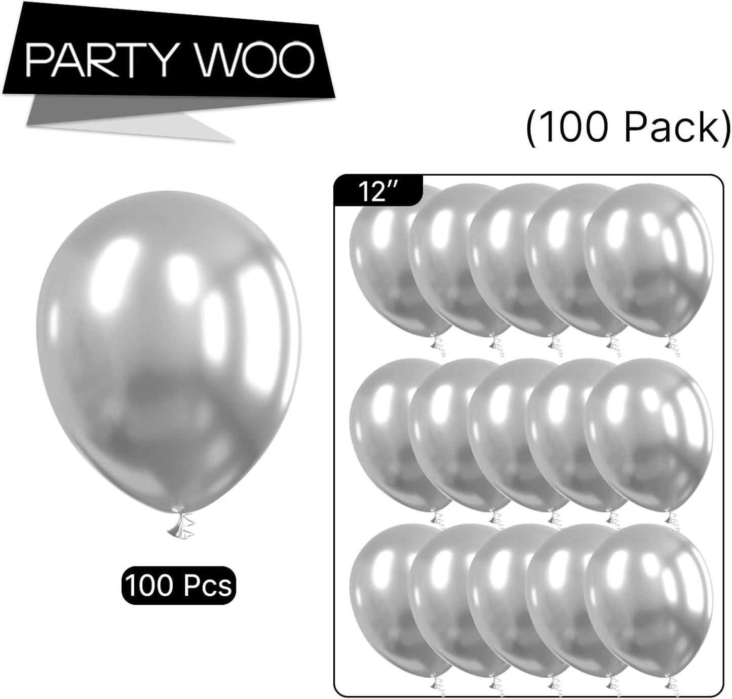 PartyWoo Silver Balloons - 100pcs 12 Inch Latex Helium Balloons for Celebrations & Events