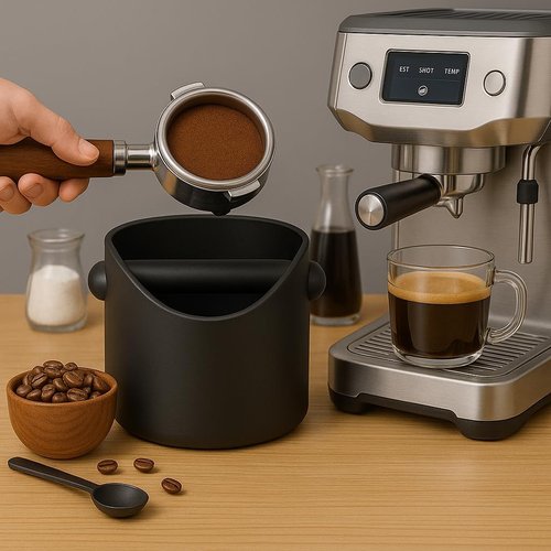 Knock Box by Barista Style - 4.6 In Espresso Grounds Container with Removable Rod | Non-Slip Base (Black)