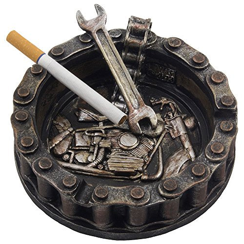 Motorcycle Chain Ashtray with Wrench and Bike Motif - Biker Bar Decor