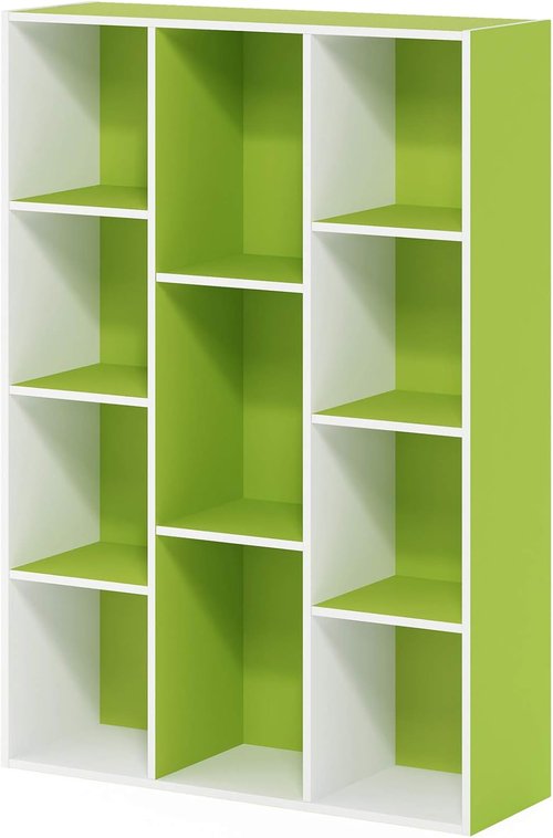 Furinno LUDER 11-Cube Bookshelf - Reversible Design for Easy Assembly | White/Green, 9.4 x 29.1 x 41.7