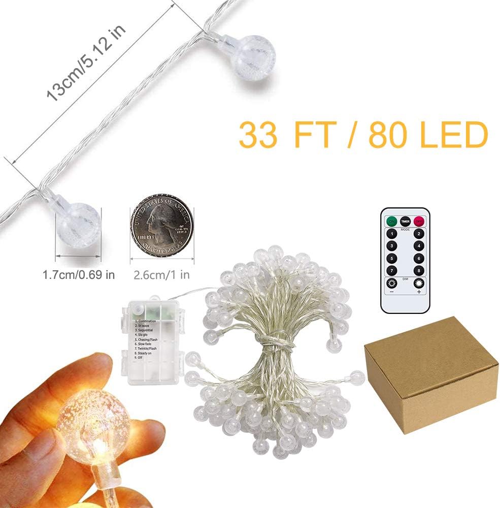 Skiennix Battery Operated Globe String Lights - 33 FT, 80 LED, Waterproof, 8 Modes with Remote Control | Indoor/Outdoor Fairy Lights for Home & Parties, Warm White