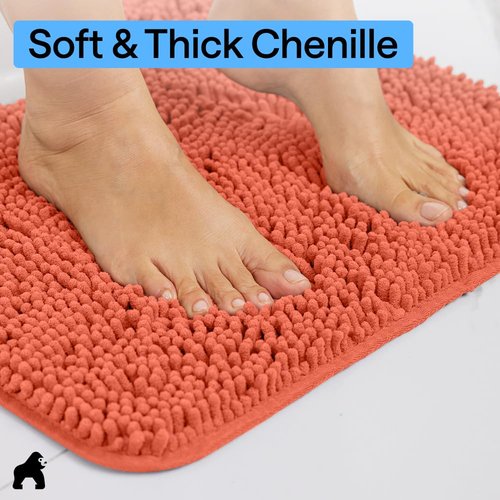 GORILLA GRIP Plush Absorbent Shaggy Chenille Bath Rug Mat for Oval Toilet Base with Rubber Backing, Machine Washable Rugs, Soft Microfiber Contour Mats for Toilets, Bathroom Decor, Coral