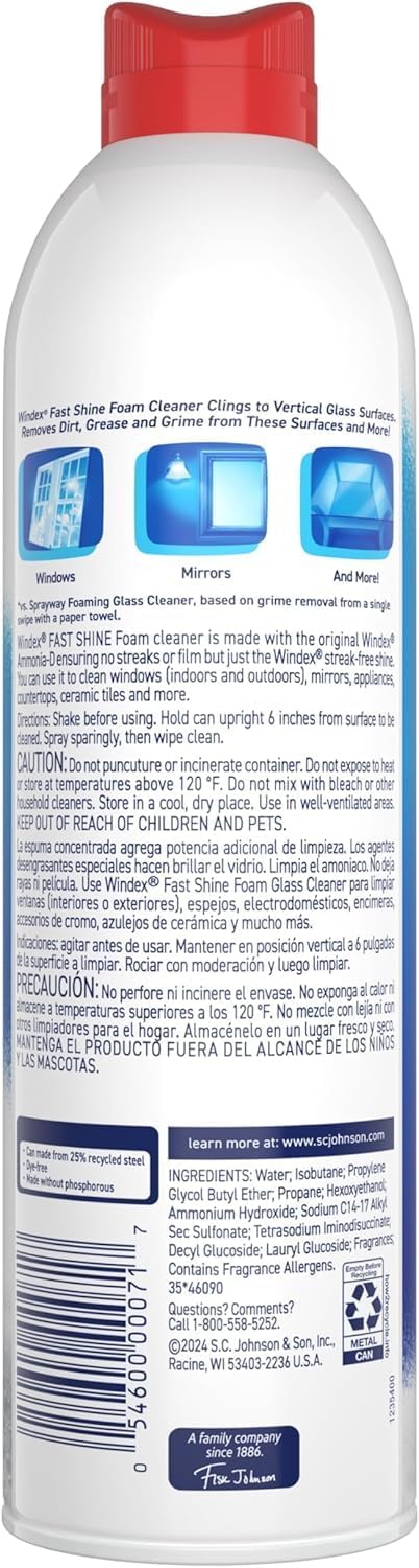 Windex Fast Shine Foam Glass Cleaner - Streak-Free Aerosol Spray for Windows & Mirrors | 19 oz