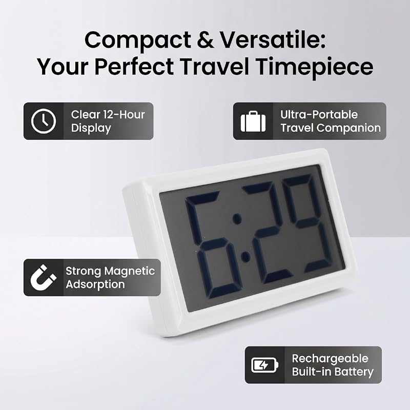 Mini Digital Clock - White, Battery Powered, 3.3in Display, Desktop & Magnetic Mount