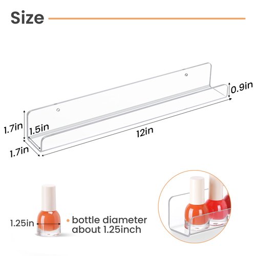 upsimples 6 Pack Clear Acrylic Shelves, 1.7" x12" Clear Wall Shelves for Nail Polish, Vinyl Wall Mount, Record Holder, Magazine Rack, Comic Display, Picture Ledge Shelf Décor