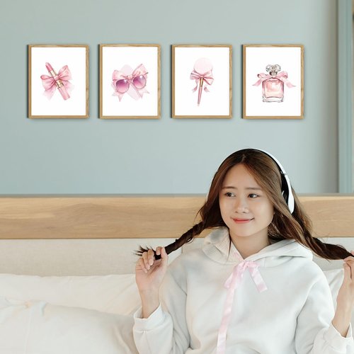 JINYO Coquette Pink Bow Wall Art Prints - Set of 4 Preppy Girly Decor for Girls' Room | 8x10 Unframed