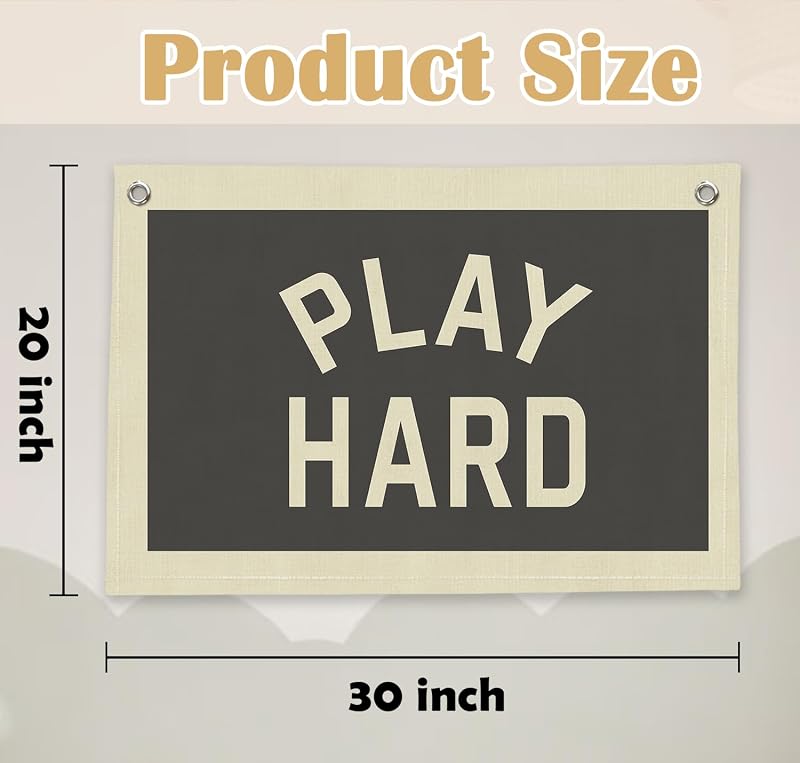 Play Hard Linen Canvas Banner for Kids Room - Playroom Wall Decor