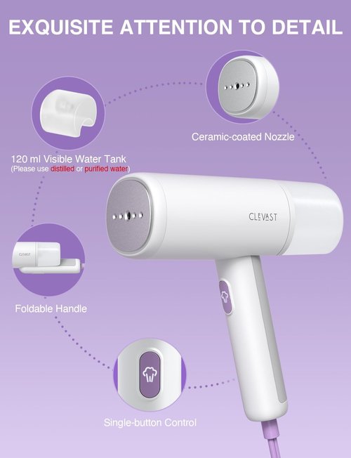 CLEVAST Portable Garment Steamer - Handheld Travel Size, Fast 30-Second Heat Up, 1000W Power