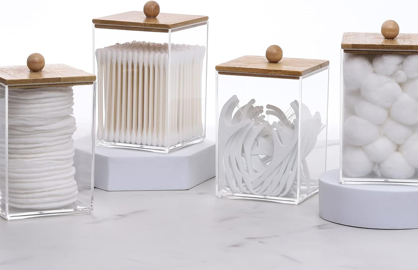 Tbestmax Cotton Swab Holder - Clear Apothecary Jar with Wood Lids | 12 OZ Bathroom Storage (4 Pack)