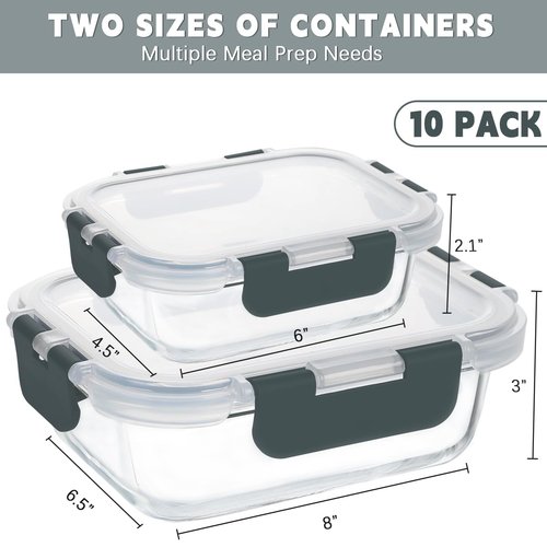KAMOTA Glass Food Storage Containers, 10 Pack Glass Meal Prep Containers, Airtight Containers with Snap-Lock Lids, 34 oz and 13 oz gray Container Set with Lids, for Microwave/Oven/Freezer/Dishwasher