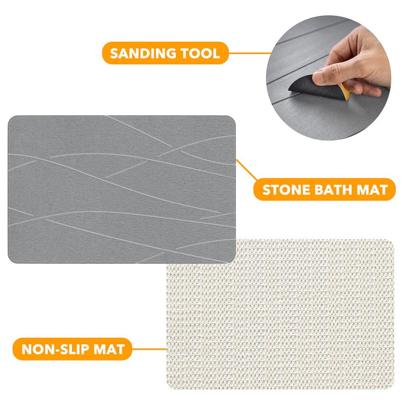 SpaceAid Stone Bath Mat - Gray Line, 23.6 x 15.4 Inches, Quick Dry, Non-Slip