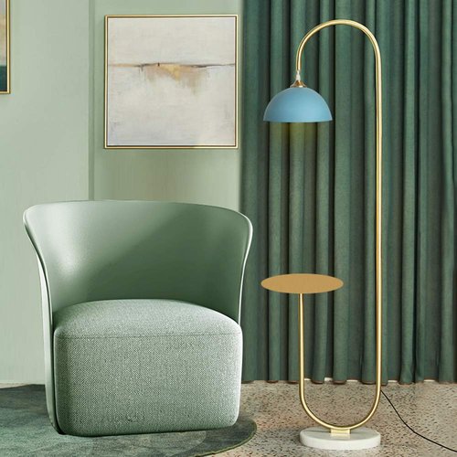 Hsyile KU300240 Modern Standing Light for Bedroom & Living Room Floor Lamp with a Table,LED Floor Lamp for Reading - Brushed Brass Finish and Blue Lamp Shade