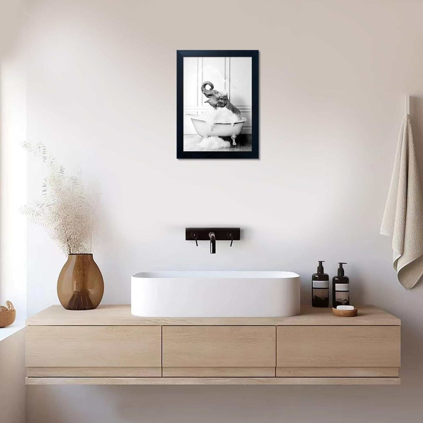 Regine Switzerland Elephant in Bathtub Wall Art - Funny Black and White Canvas Print for Bathroom Decor