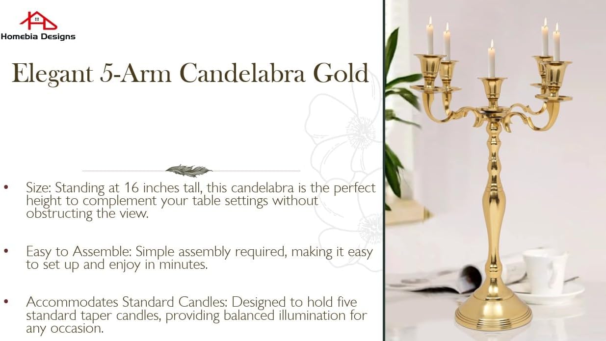 Metal Candelabra | Five Arm Decorative Candlestick Holder - 16 Inch Tall Gold Centerpiece for Weddings & Events