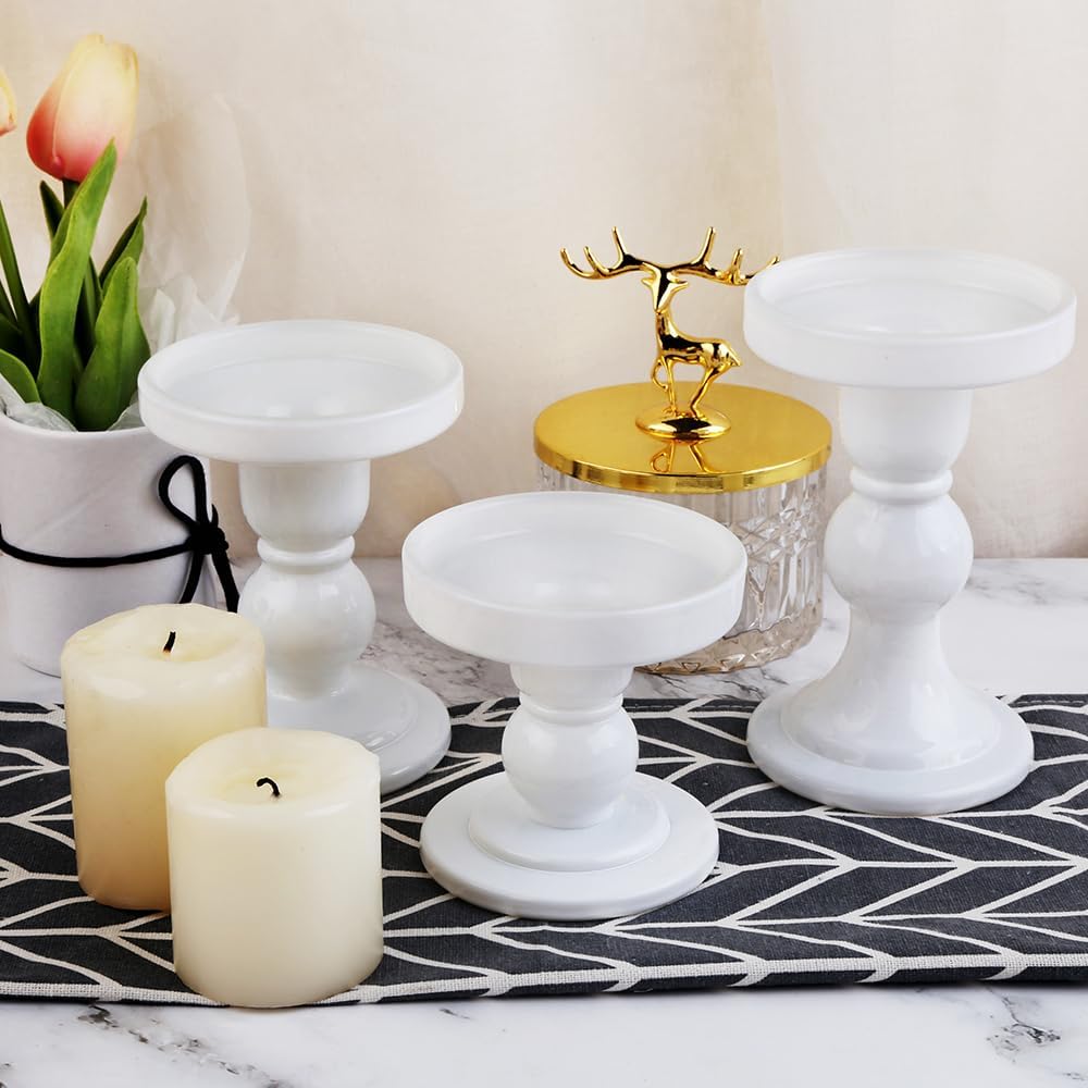 Skiennix 3-Piece White Glass Candlestick Set - Elegant Crystal Holders for Weddings & Home Decor