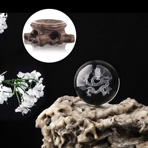 HDCRYSTALGIFTS 3D Inner Carved Dragon Crystal Ball - 60mm Glass Paperweight with Wooden Base for Lucky Birthday Gift