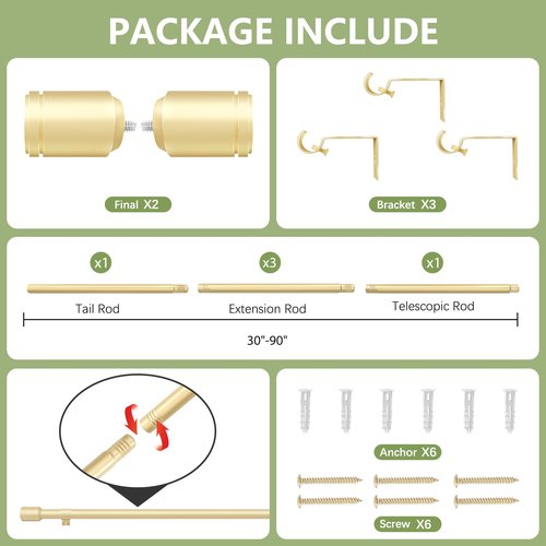 5/8” Diameter Curtain Rods 30-90 Inch, for 30-84 Inch Windows, Adjustable Splicing Gold Curtain Rods for Windows with Brackets, Window Rod Long Small Curtains Rod