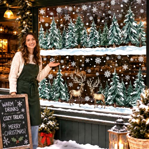 Christmas Window Clings Snowflake and Deer Set - Holiday Decor Stickers with Double-Sided Design - Festive Winter Decorations