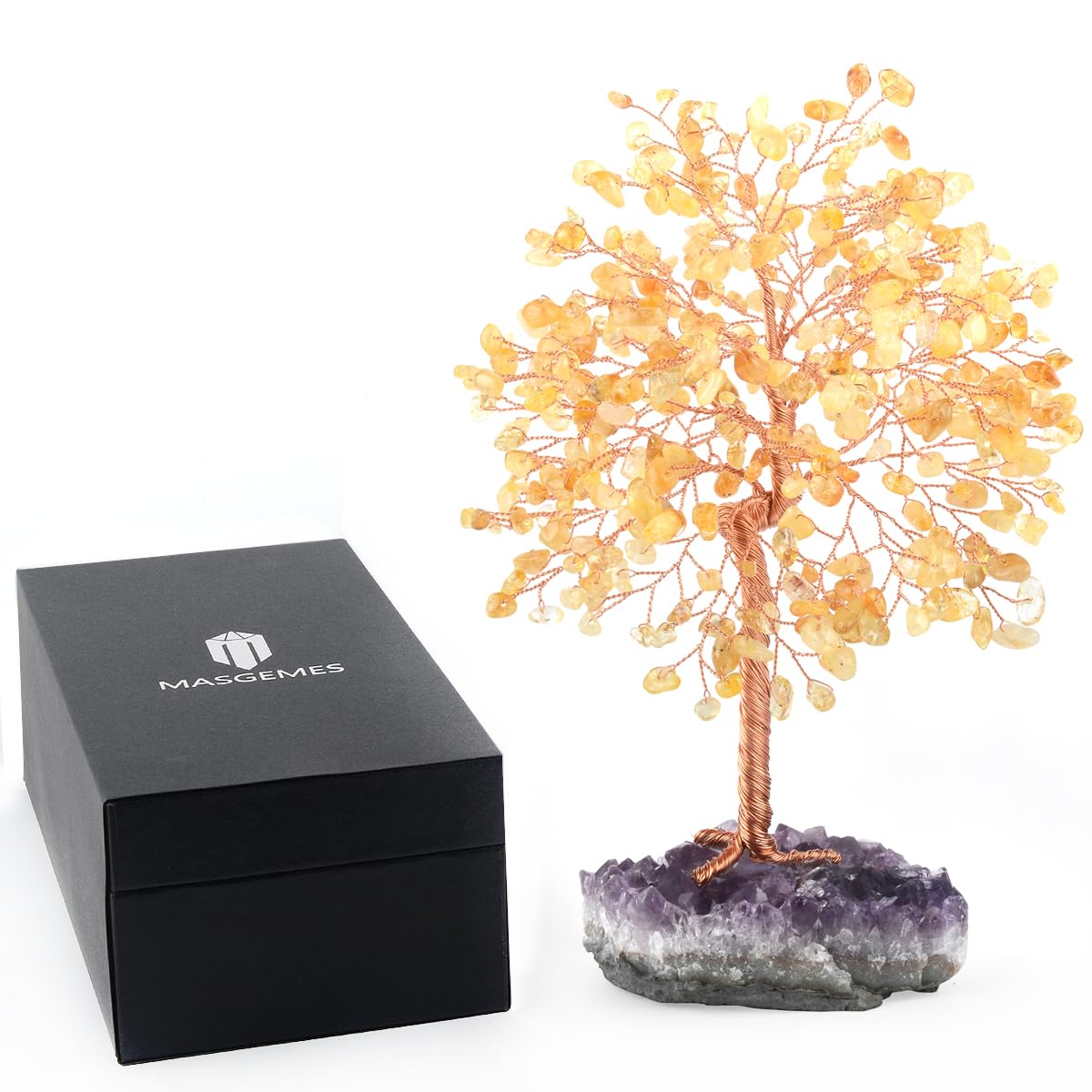 MASGEMES Gemstone Crystal Tree of Life,Natural Citrine with Amethyst Cluster Base,Chakra Healing Crystals Positive Energy Fengshui Decor Bonsai Money Tree,Good Luck Gift Height 8.5-9 Inches