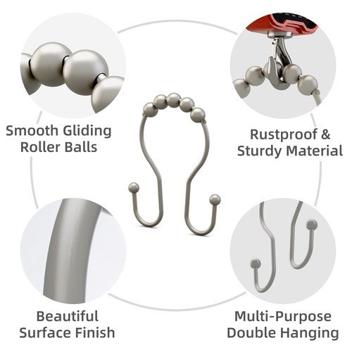 Bathway Shower Curtain Hooks Rust Proof Shower Curtain Rings, Smooth Glide Double Hook Shower Curtain Hooks,Shower Hooks for Shower Curtain Matte Nickel Shower Rod Hooks Shower Curtain Hangers 12Pcs