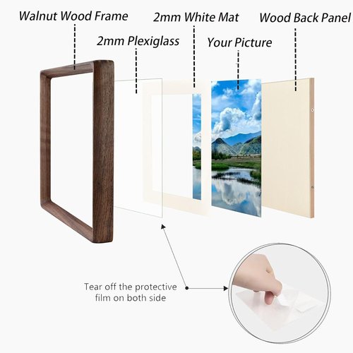 Husteria 22x28 Picture Frame in Natural Walnut Wood, Solid Wooden Photo Frames Matted to 18x24, Gallery Poster Frames for Wall Mount