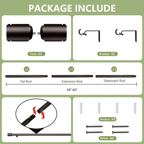 5/8” Diameter Curtain Rods 30-60 Inch, for 30-54 Inch Windows, Adjustable Splicing Bronze Curtain Rods for Windows with Brackets, Window Rod Long Small Curtains Rod