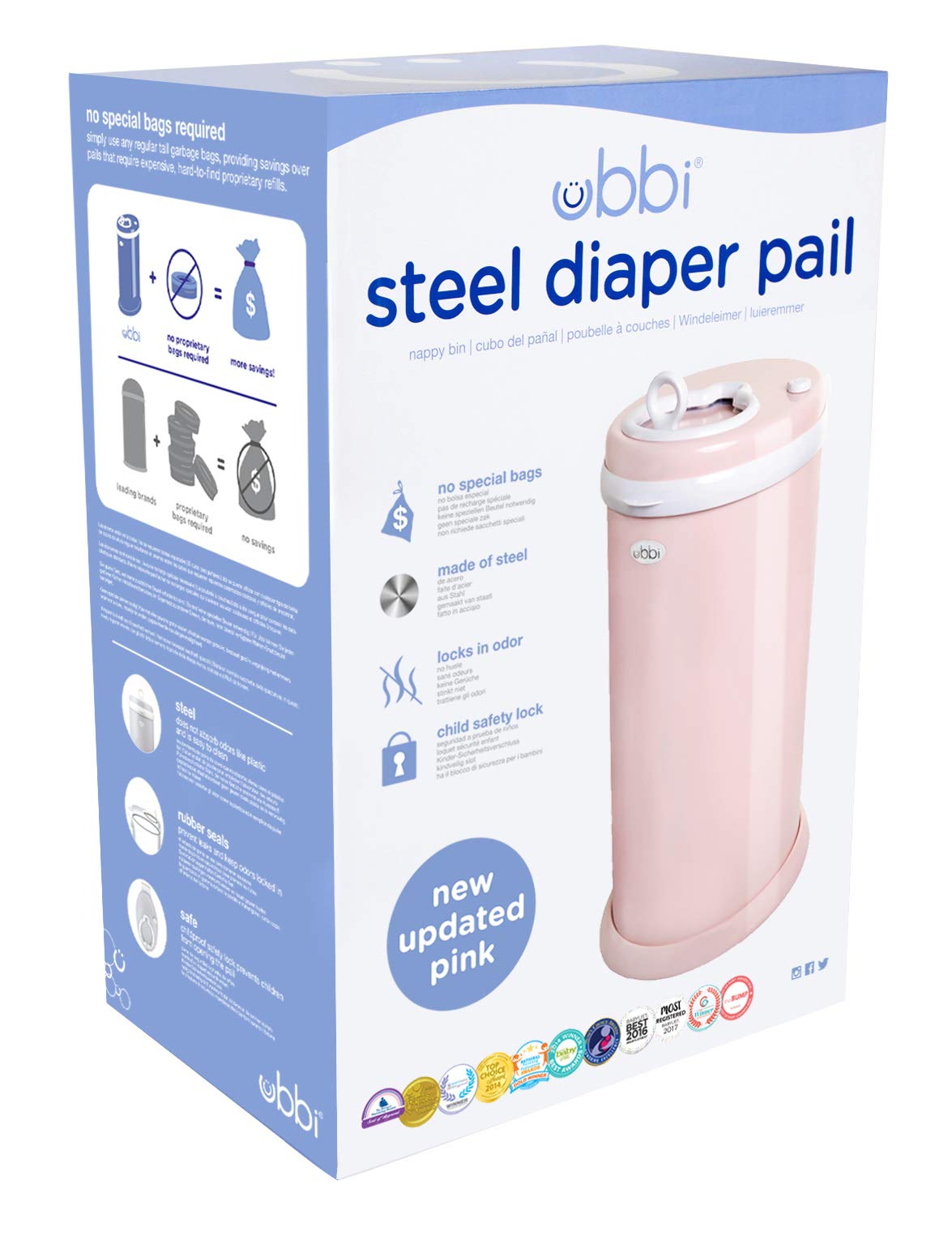 Ubbi Steel Diaper Pail, Odor Locking, No Special Bag Required, Award-Winning, Registry Must-Have, Blush Pink