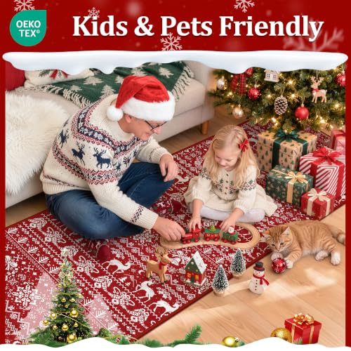 Christmas Runner Rug 2x10 ft Red Moroccan Style Washable Non-Slip Hallway Rug