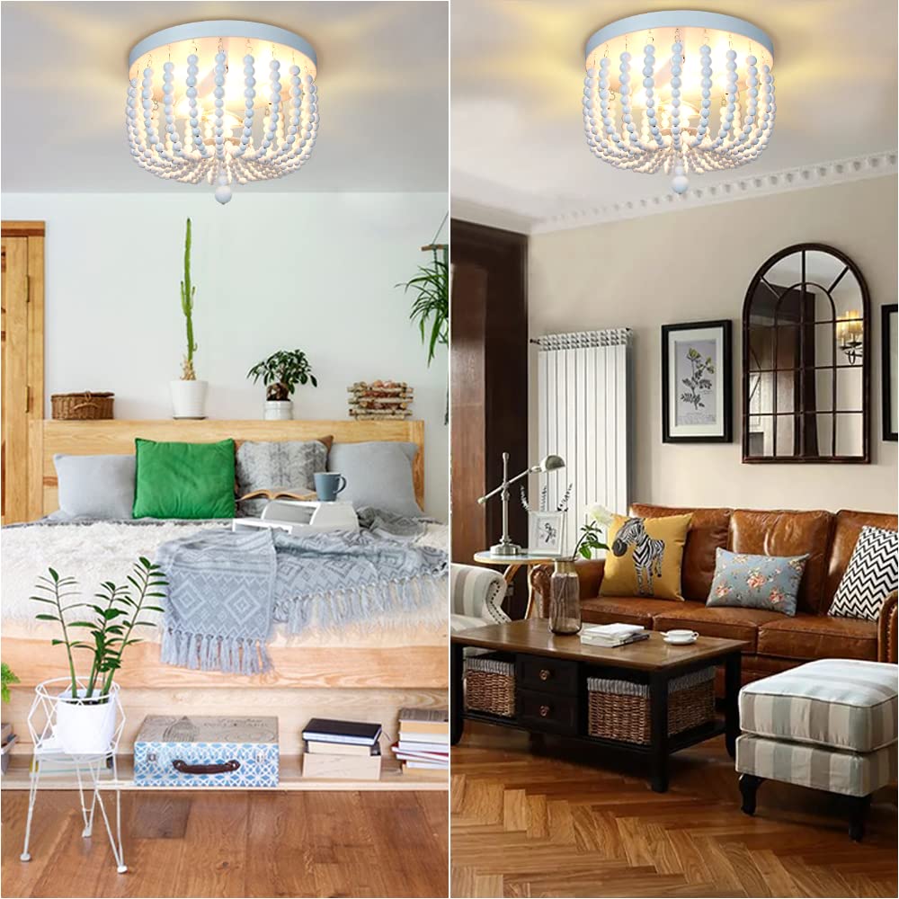 SUNOVO Beaded Chandelier Light Fixture, Boho Light Fixtures Ceiling White, Wood Bead Flush Mount Ceiling Light, 3-Lights Bead Ceiling Lights for Bedroom, Dining Room, Hallway, Nursery Lighting