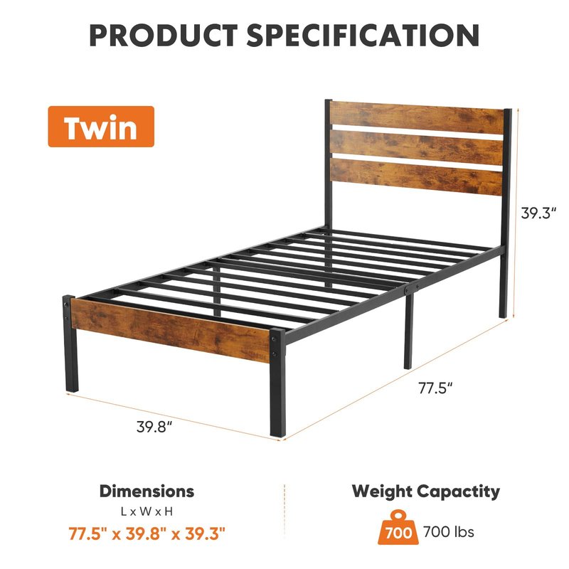 Sweetcrispy Twin Size Metal Platform Bed Frame - Mattress Foundation with Headboard and and Footboard, No Box Spring Needed with 700LBS Sturdy Wooden Slats Support, Noise Free, Easy Assembly