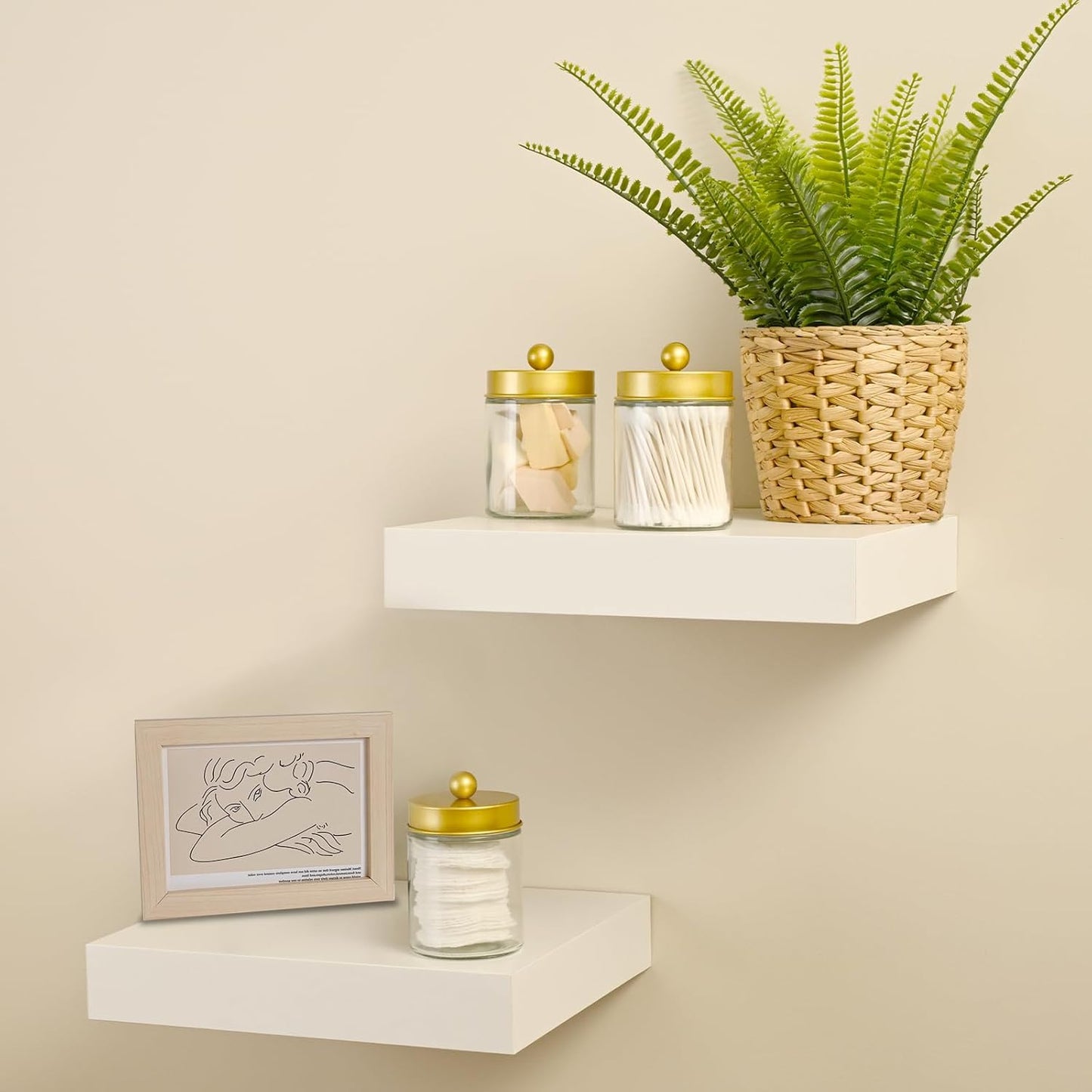 SheeChung Qtip Dispenser Holder Set - 4 Glass Apothecary Jars with Gold Lids & Stickers | Bathroom Storage Organizer