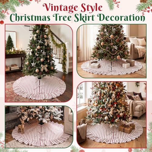 Christmas Tree Skirt 48 Inch Red & White Ruffle with Bows - Burgundy Variation