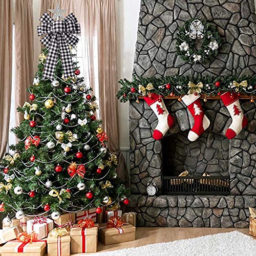 Christmas Wreath Bow Decoration with Black and White Buffalo Plaid Ribbon, 10x15.7 in