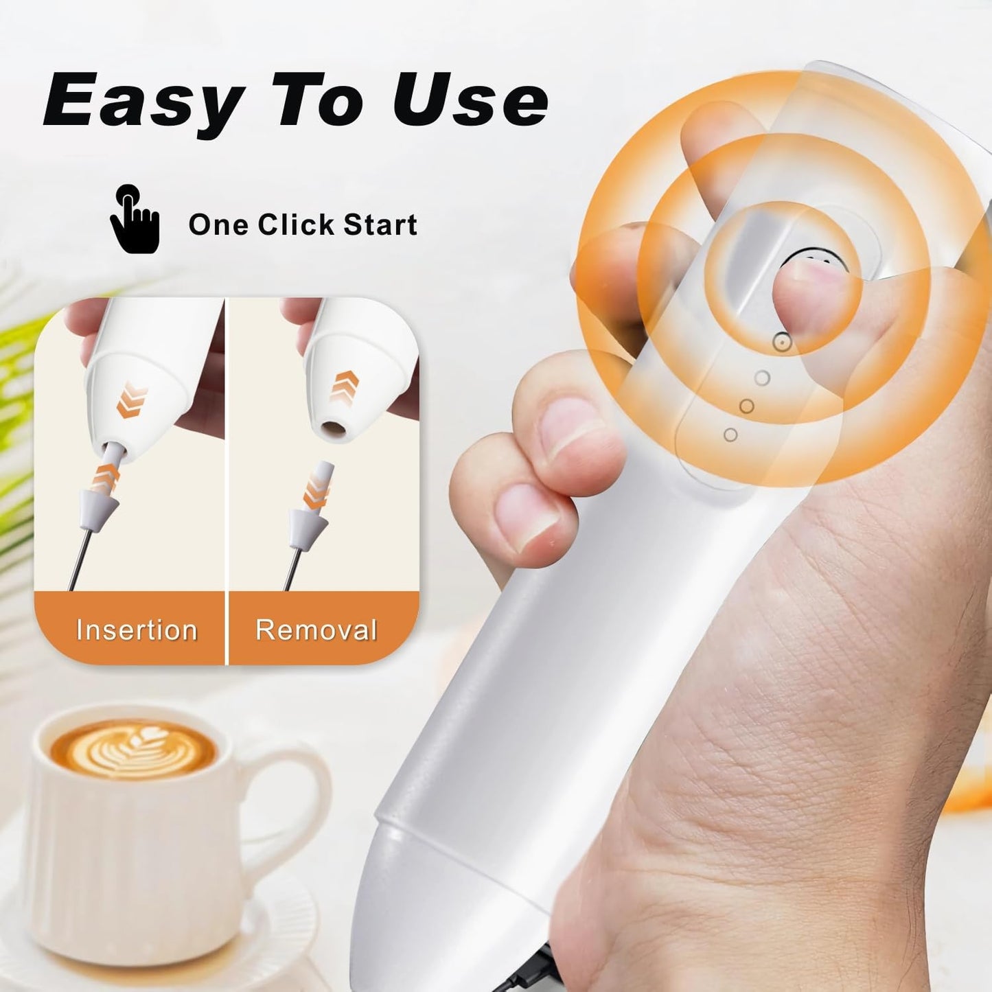 Skiennix Rechargeable Milk Frother - USB-C Coffee Foam Maker with Stainless Steel Whisk | 3 Speeds, White