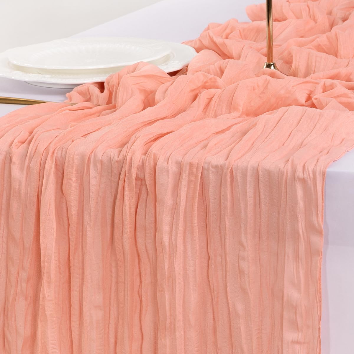 Socomi Cheesecloth Table Runner - Coral Peach Boho Rustic Design | 120 Inch for Weddings & Events