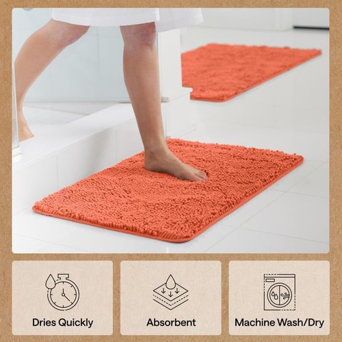 GORILLA GRIP Bath Rug Mat - Thick Soft Absorbent Chenille | Quick Dry Microfiber 36x24 Coral