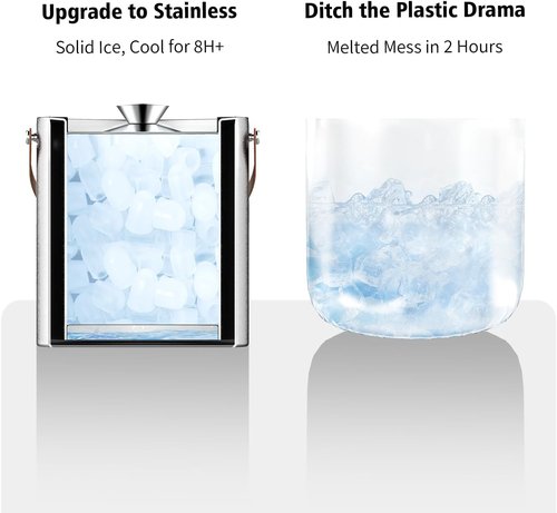 Double-Wall Vacuum Insulated Ice Bucket with Lid, Scoop, Ice Tong, Strainer & Leather Handle Keep Ice Frozen Longer Large Wine Ice Buckets for Cocktail Bar,Parties Chilling Beer Champagne 3L