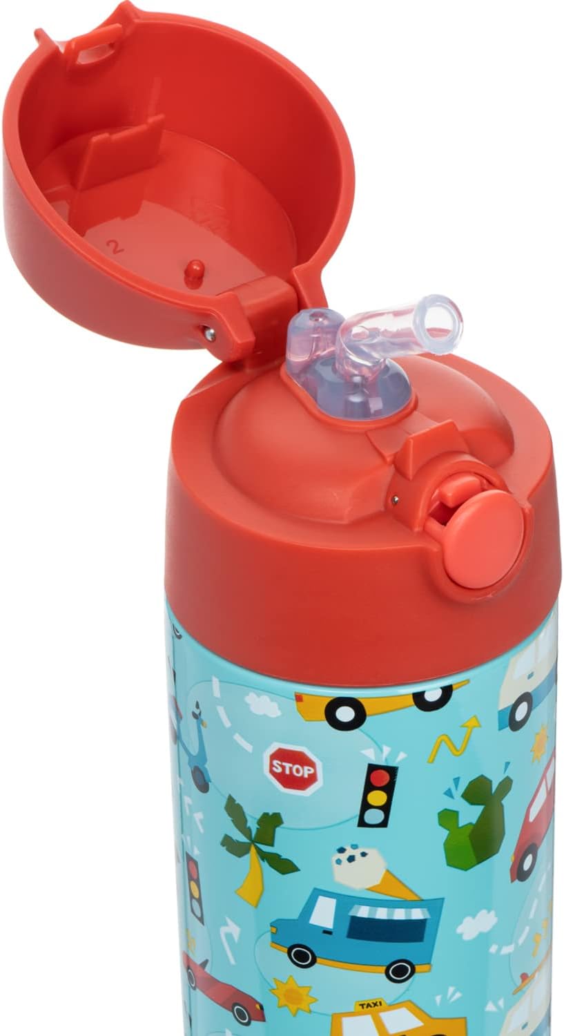 Snug Kids Water Bottle - Insulated Double-Wall Stainless Steel, Leakproof Straw & Spout - 12oz Cars