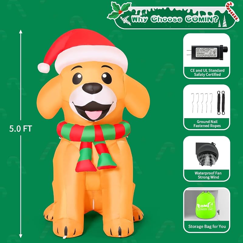 5 ft Outdoor Christmas Inflatable Dog Decor with LED Lights