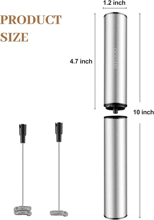 INFOOD Rechargeable Milk Frother - Handheld Coffee Mixer with 2 Detachable Stainless Whisks, Silver
