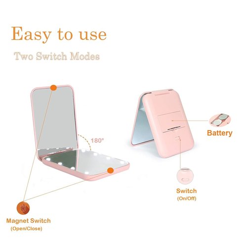 Kintion LED Compact Travel Makeup Mirror - 1X/3X Magnification, Portable & Folding, Pink