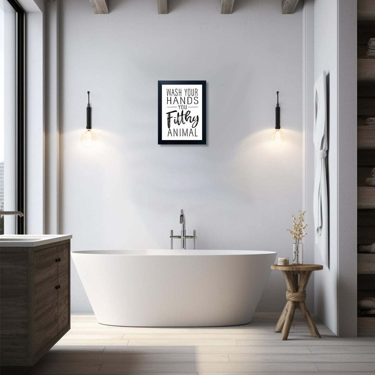 Regine Switzerland Black and White Bathroom Decor Art - Small Framed Canvas Print for Kids' Washroom