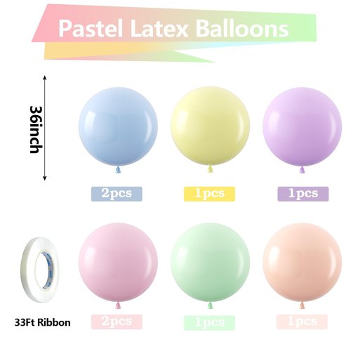 Bezente Pastel Balloons Latex Party Balloons 36 Inch - 8 Pack Jumbo Spring Macaron Balloons Large Round Latex Balloons for Birthday Bridal Shower Wedding Rainbow Party Decorations