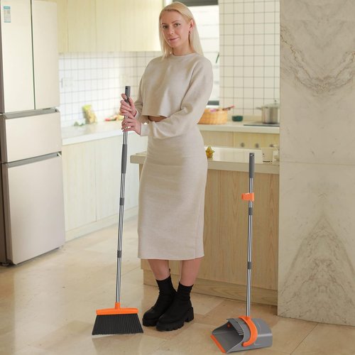 Ivandar Broom and Dustpan Set - Long Handle Combo for Home & Office | Gray & Orange Indoor/Outdoor Use