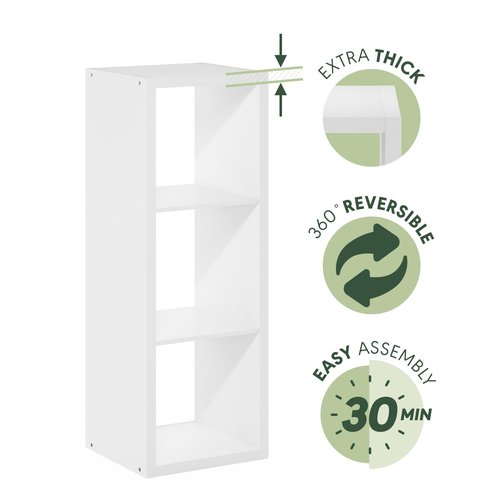 Furinno Cubicle Book Shelf, 3-Cube Bookshelf, Extra Thick Frame Horizontally & Vertically Reversible Bookcase with Open Back, 14.6" x 16" x 44", for Living Room, Bedroom, Home Office, White