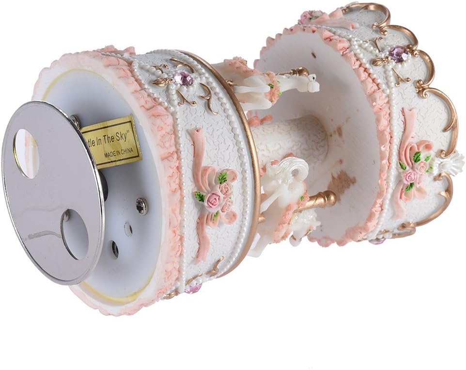 Skiennix Carousel Music Box - 3-Horse Rotating Windup with LED Lights | Pink Musical Gift for Girls