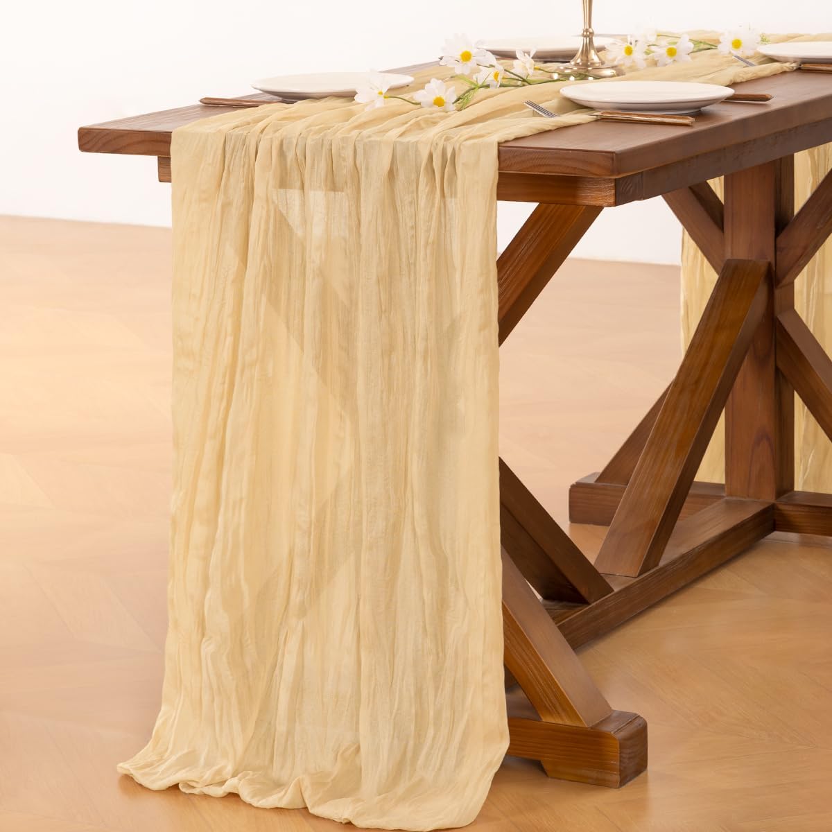 Socomi Gold Champagne Cheesecloth Table Runner - 120 Inch Rustic Boho Decor for Weddings & Events