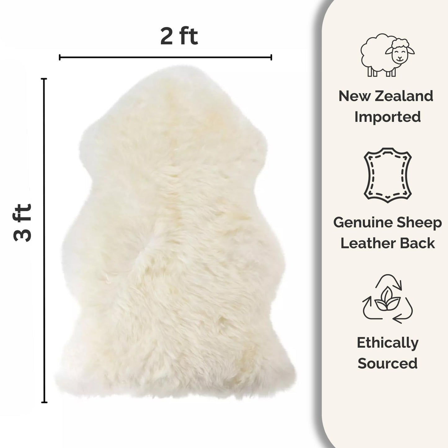 Woolous Sheepskin Rug, Genuine New Zealand Natural Lambskin Wool Real Sheep Skin Fur Throw Area Rug for Living Room, Bedroom, Sofa or Chair Covers (Single pelt 2x3 ft, Ivory White)