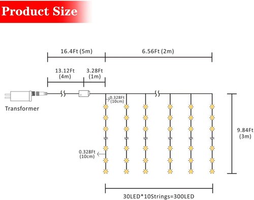 AWQ 300 LED String Lights - 8 Modes Fairy Lights for Home, Garden, Wedding | 6.6ft x 9.8ft Warm White